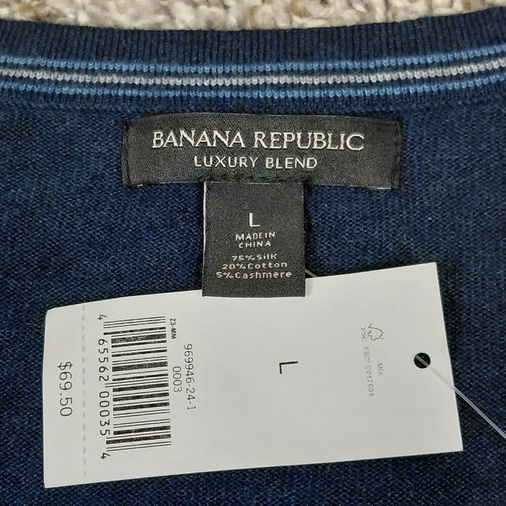 NEW Banana Republic Sweater Mens Large Navy Silk Cotton Cashmere Luxury V-Neck